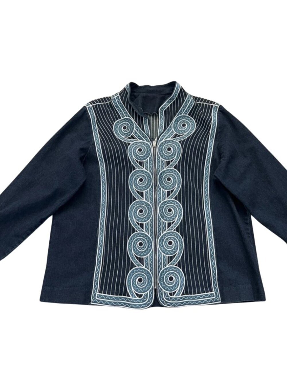 Vintage Bob Mackie Women’s Wearable Art Embroidered Blue Jacket Zip Stretch Sz L